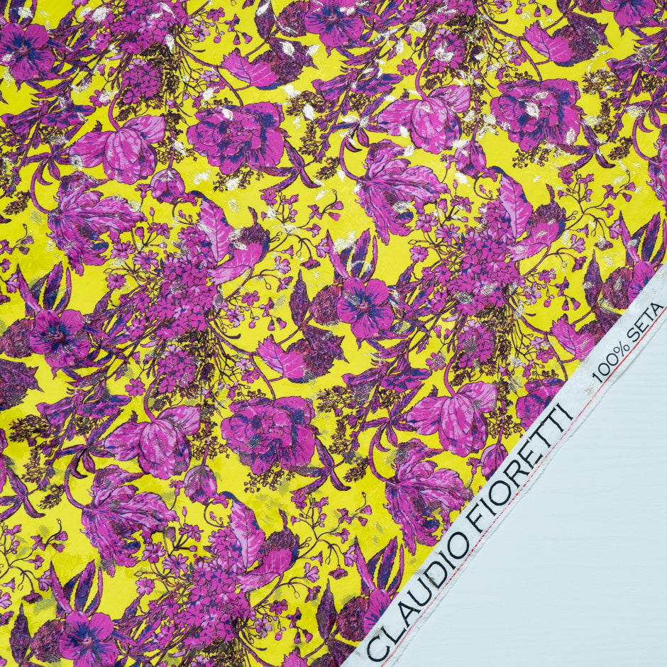 Magenta Floral Printed Yellow Silk Metallic Jacquard