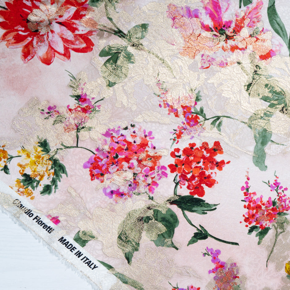 Floral Printed Blush Silk Metallic Jacquard