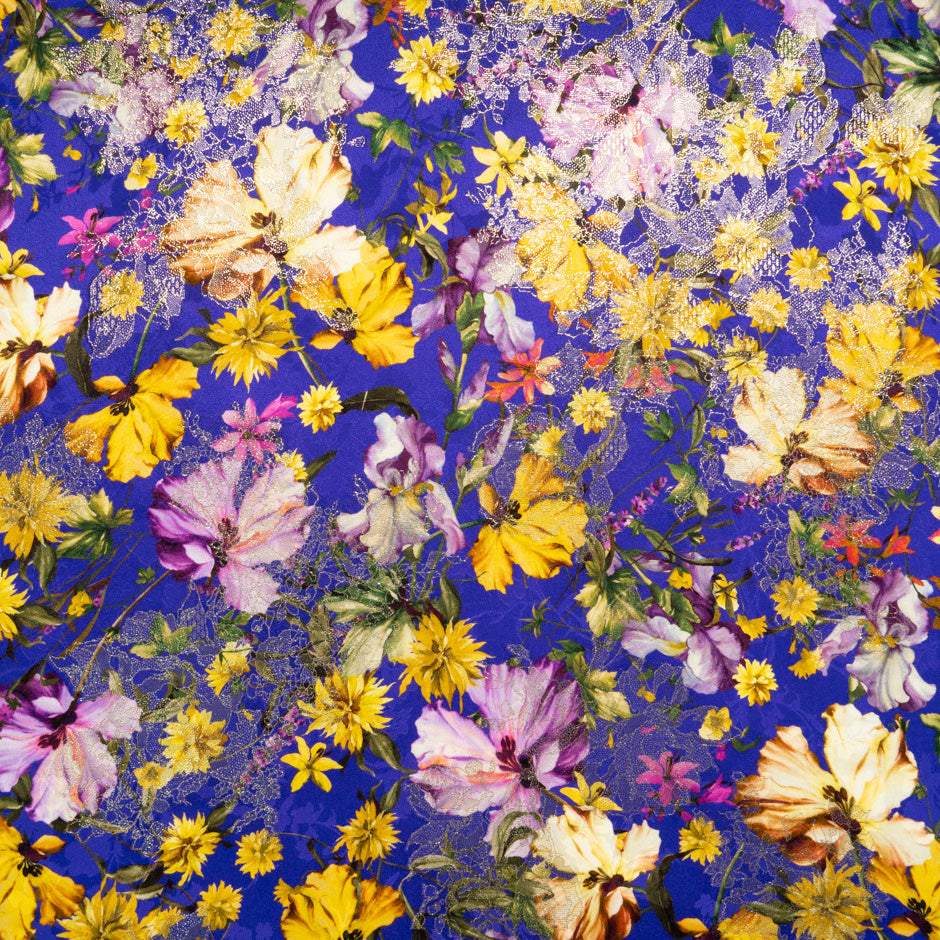 Wild Floral Printed Deep Blue Silk Metallic Jacquard