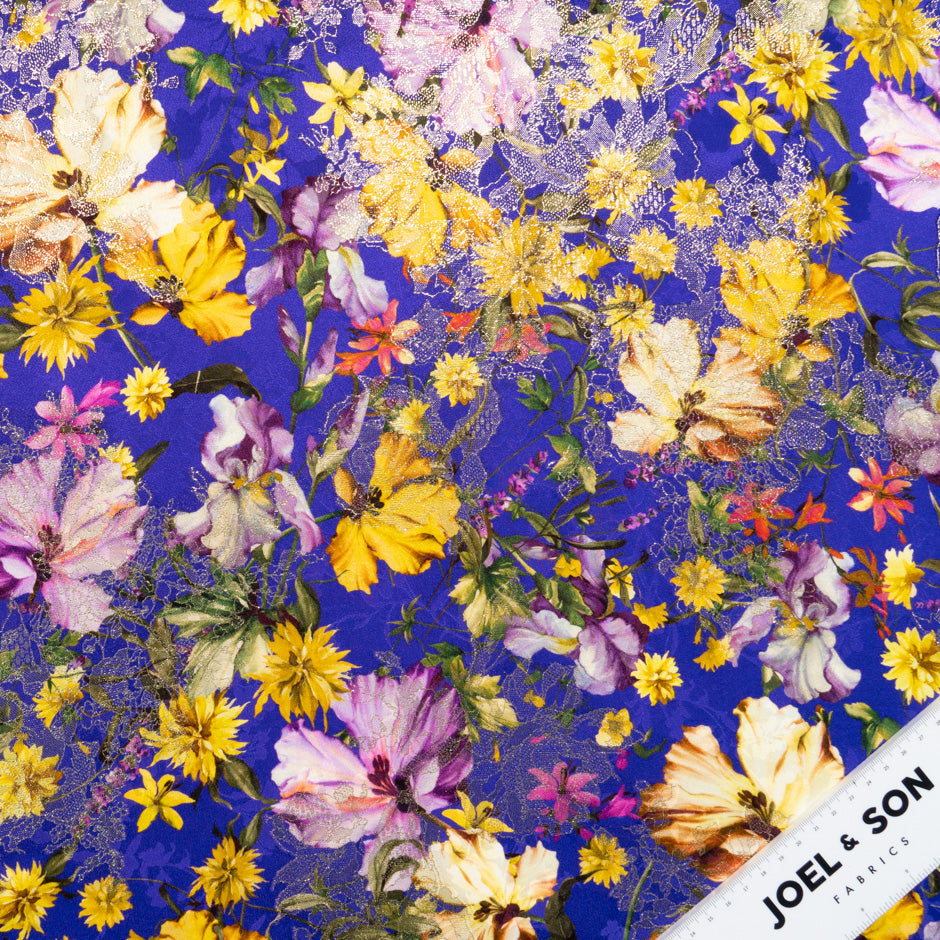 Wild Floral Printed Deep Blue Silk Metallic Jacquard