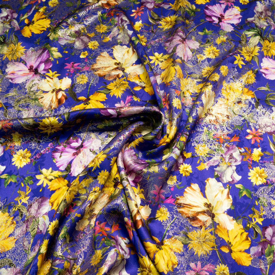 Wild Floral Printed Deep Blue Silk Metallic Jacquard