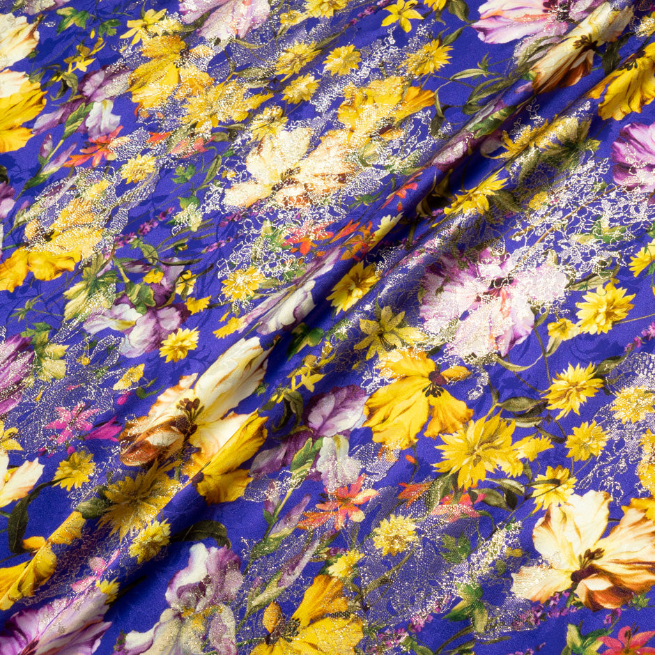 Wild Floral Printed Deep Blue Silk Metallic Jacquard