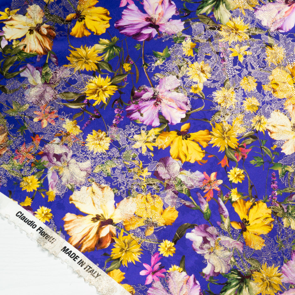 Wild Floral Printed Deep Blue Silk Metallic Jacquard