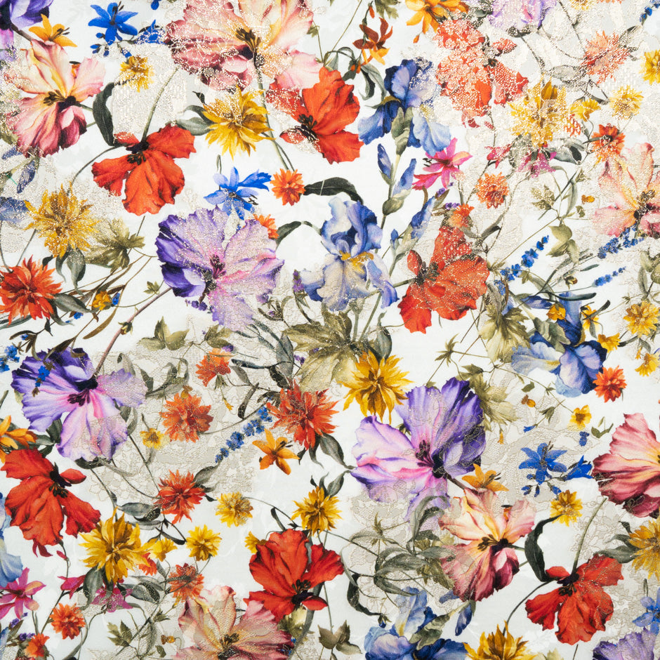 Wild Floral Printed White Silk Metallic Jacquard