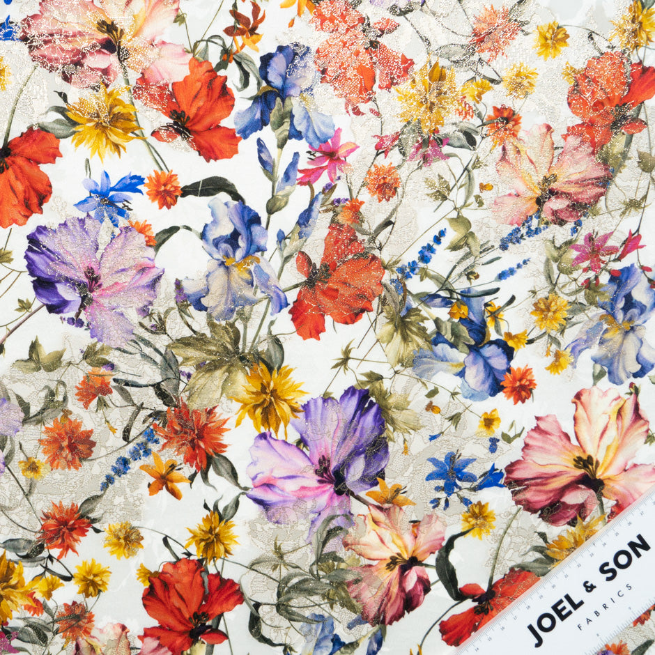 Wild Floral Printed White Silk Metallic Jacquard