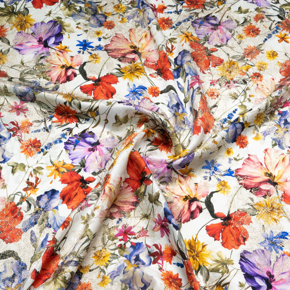 Wild Floral Printed White Silk Metallic Jacquard
