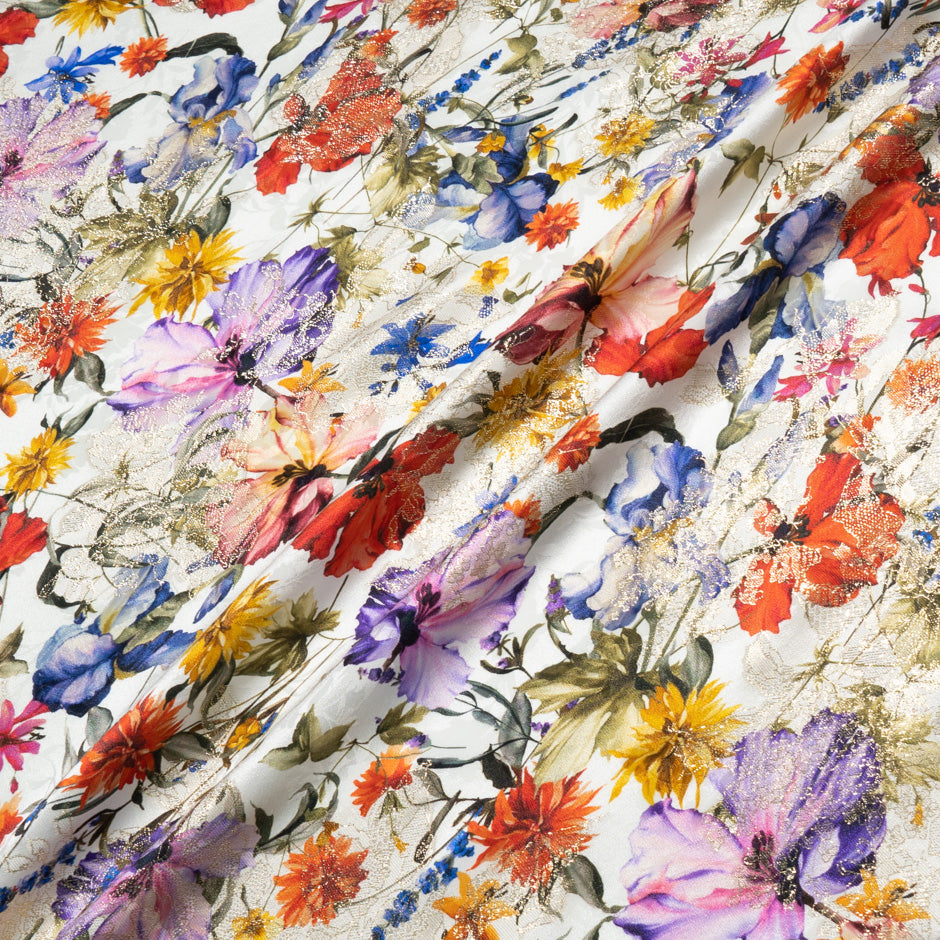 Wild Floral Printed White Silk Metallic Jacquard