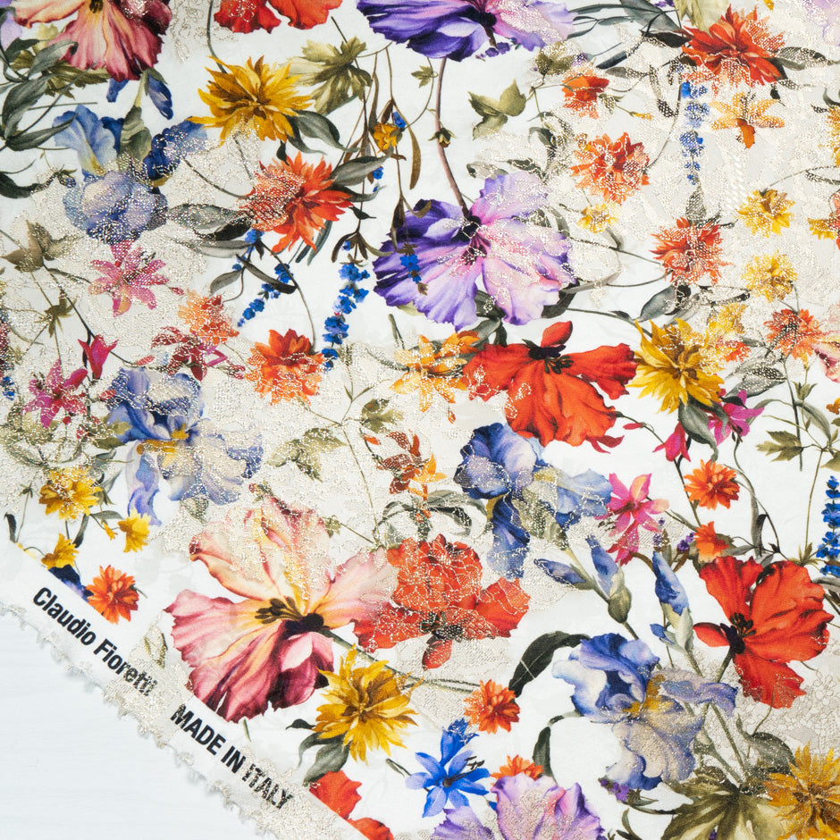 Wild Floral Printed White Silk Metallic Jacquard
