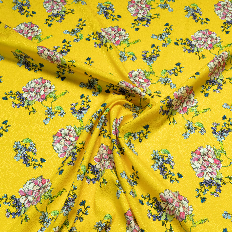 Multi Floral Printed Yellow Silk Jacquard