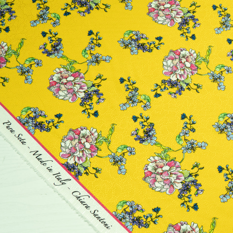 Multi Floral Printed Yellow Silk Jacquard