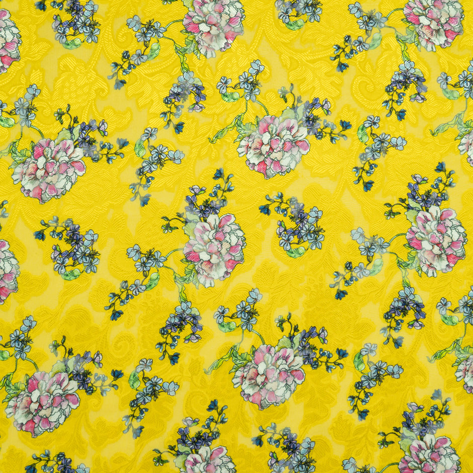 Multi Floral Printed Yellow Silk Jacquard Chiffon