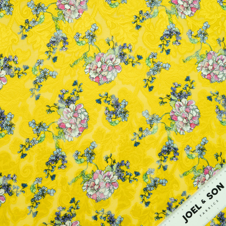 Multi Floral Printed Yellow Silk Jacquard Chiffon