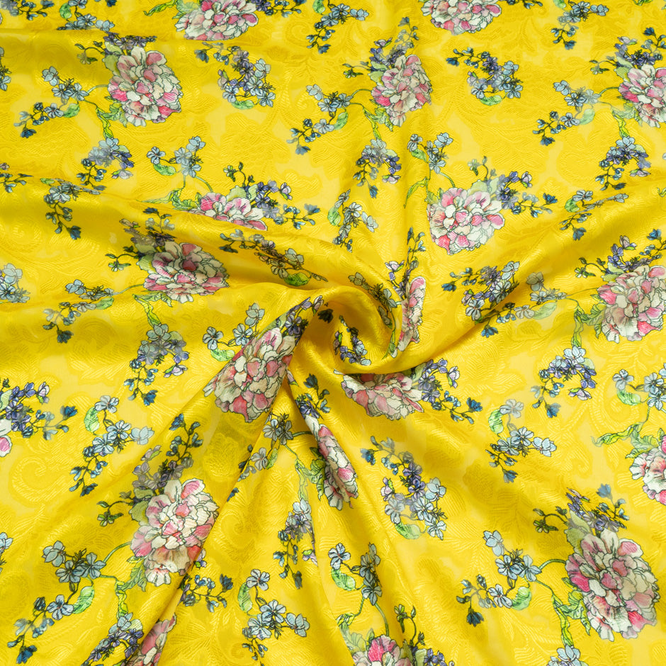 Multi Floral Printed Yellow Silk Jacquard Chiffon