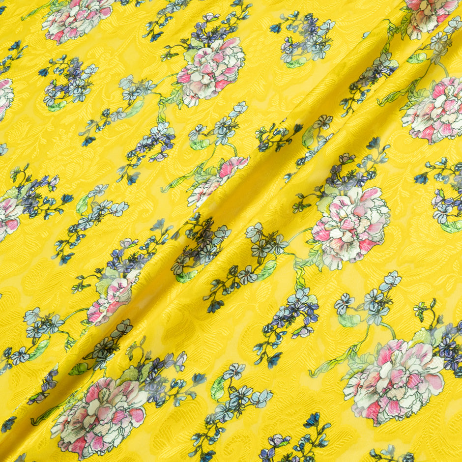 Multi Floral Printed Yellow Silk Jacquard Chiffon
