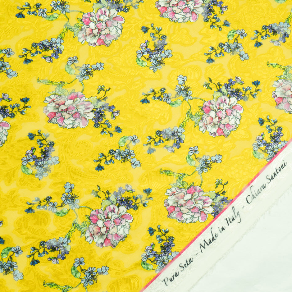 Multi Floral Printed Yellow Silk Jacquard Chiffon