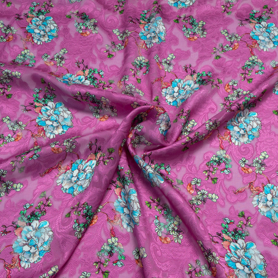 Floral Printed Magenta Silk Jacquard Chiffon