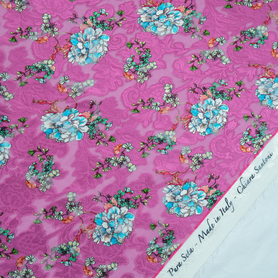 Floral Printed Magenta Silk Jacquard Chiffon