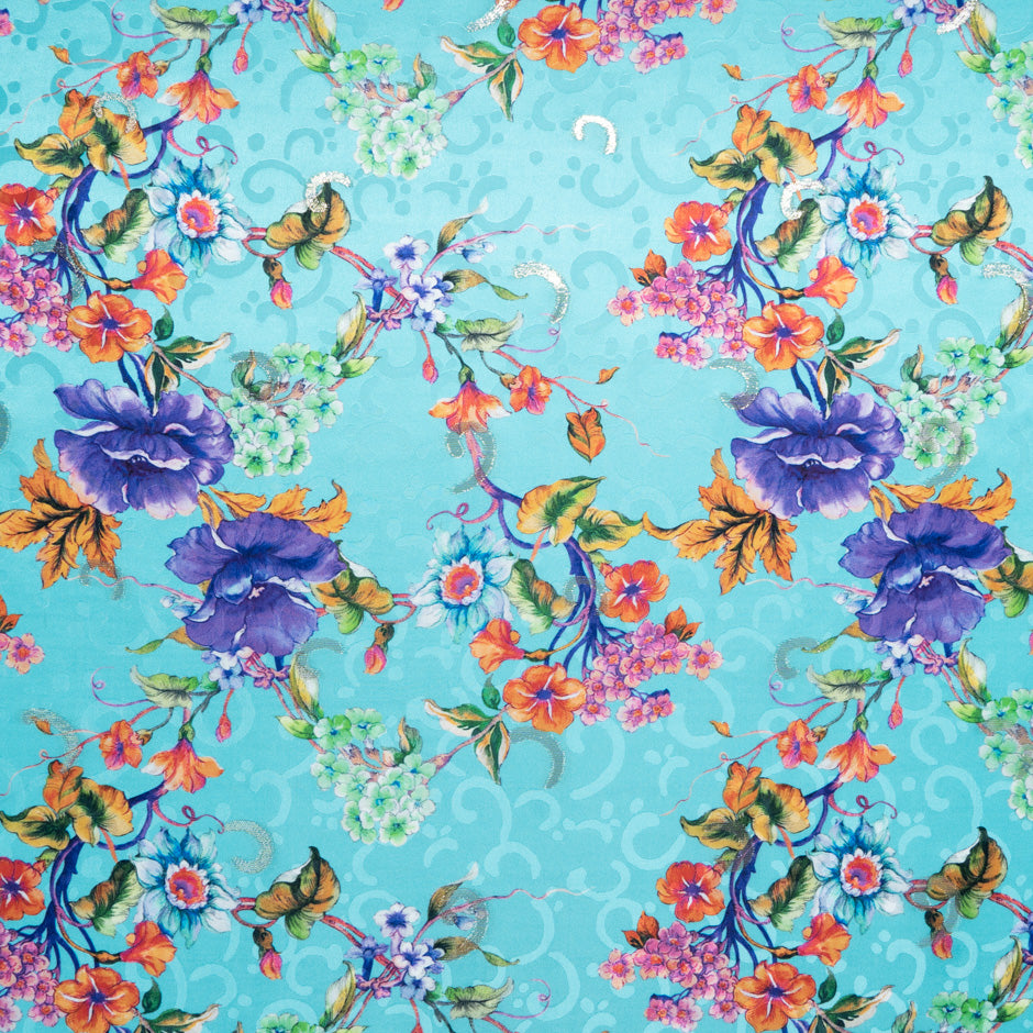 Multi Floral Printed Blue Silk Jacquard