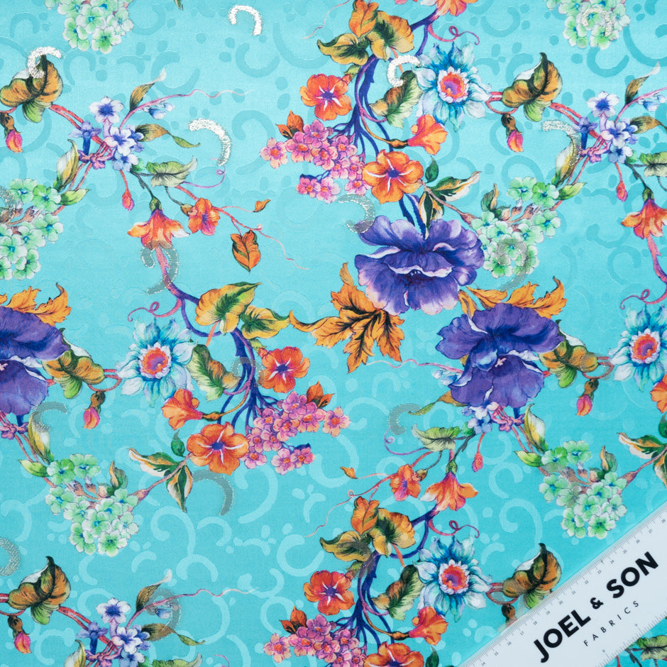 Multi Floral Printed Blue Silk Jacquard