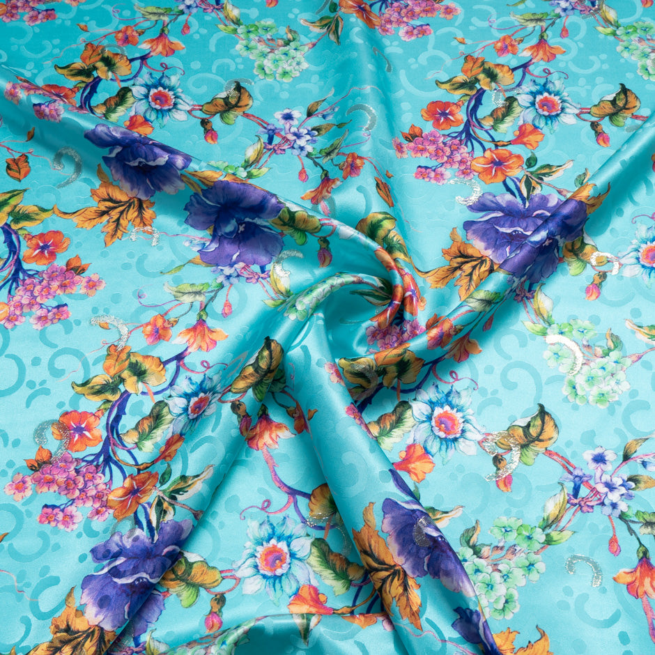 Multi Floral Printed Blue Silk Jacquard