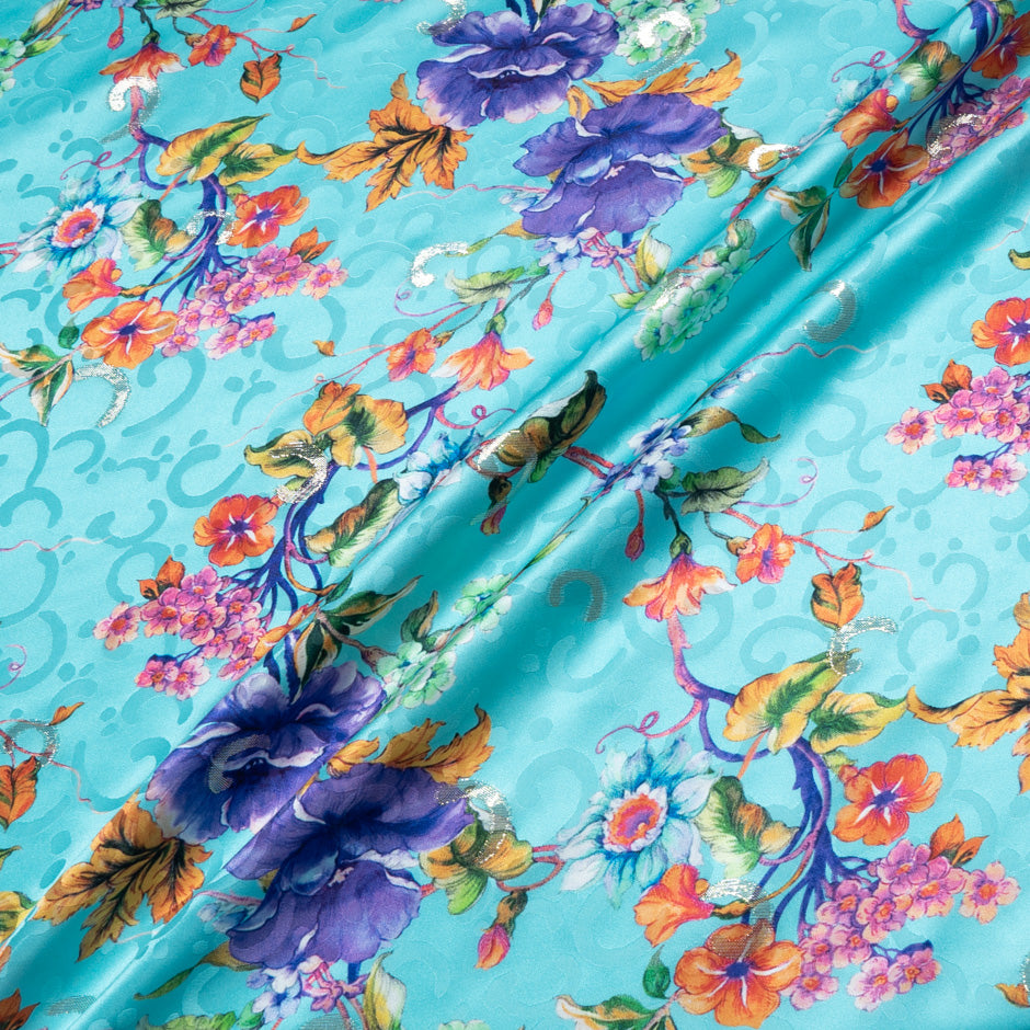 Multi Floral Printed Blue Silk Jacquard