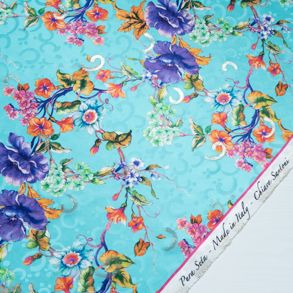 Multi Floral Printed Blue Silk Jacquard