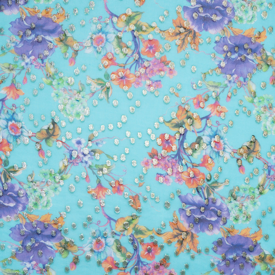 Multi Floral Printed Blue Silk Georgette Jacquard
