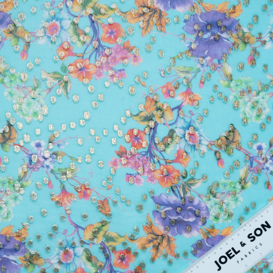 Multi Floral Printed Blue Silk Georgette Jacquard