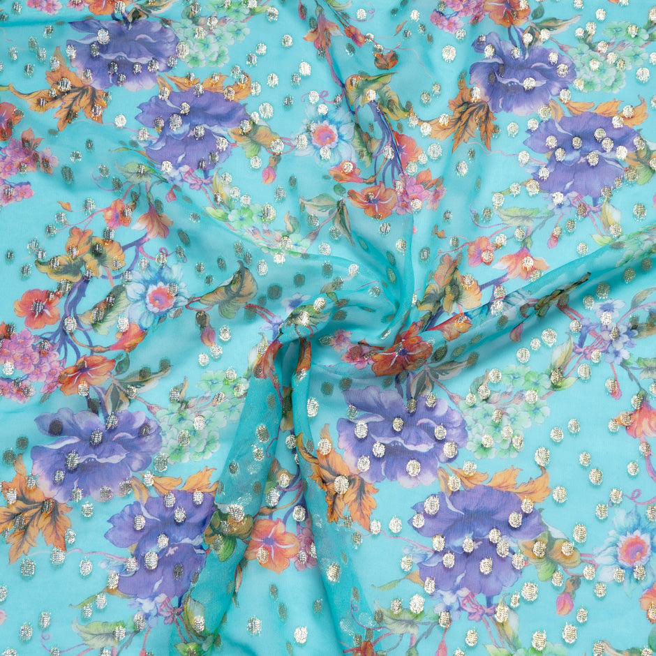 Multi Floral Printed Blue Silk Georgette Jacquard