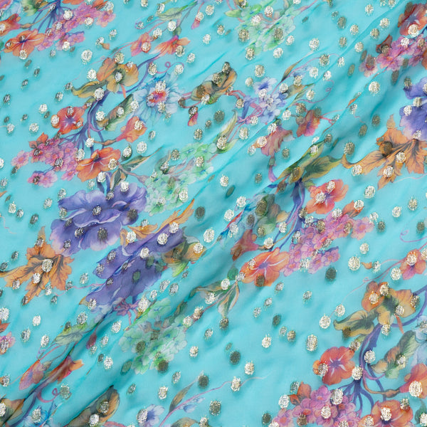 Multi Floral Printed Blue Silk Georgette Jacquard