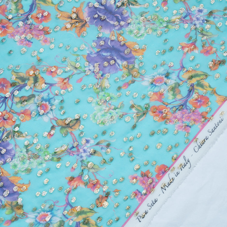 Multi Floral Printed Blue Silk Georgette Jacquard