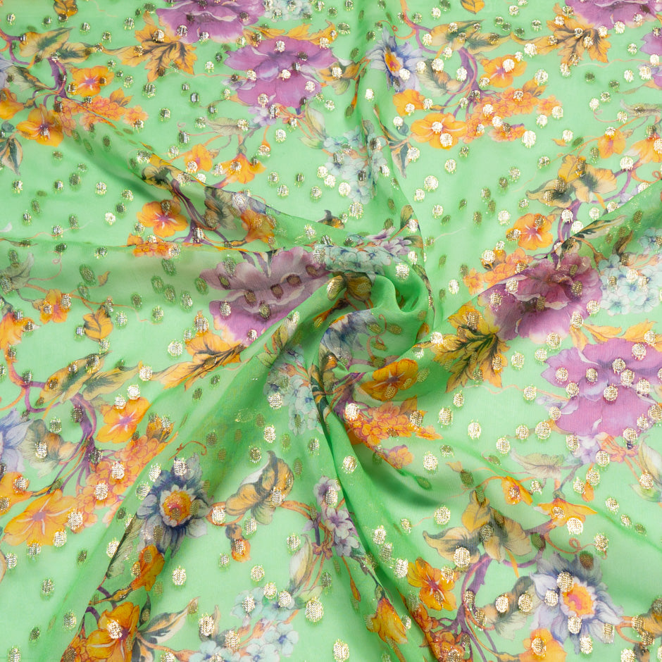 Orange Floral Printed Mint Silk Georgette Jacquard