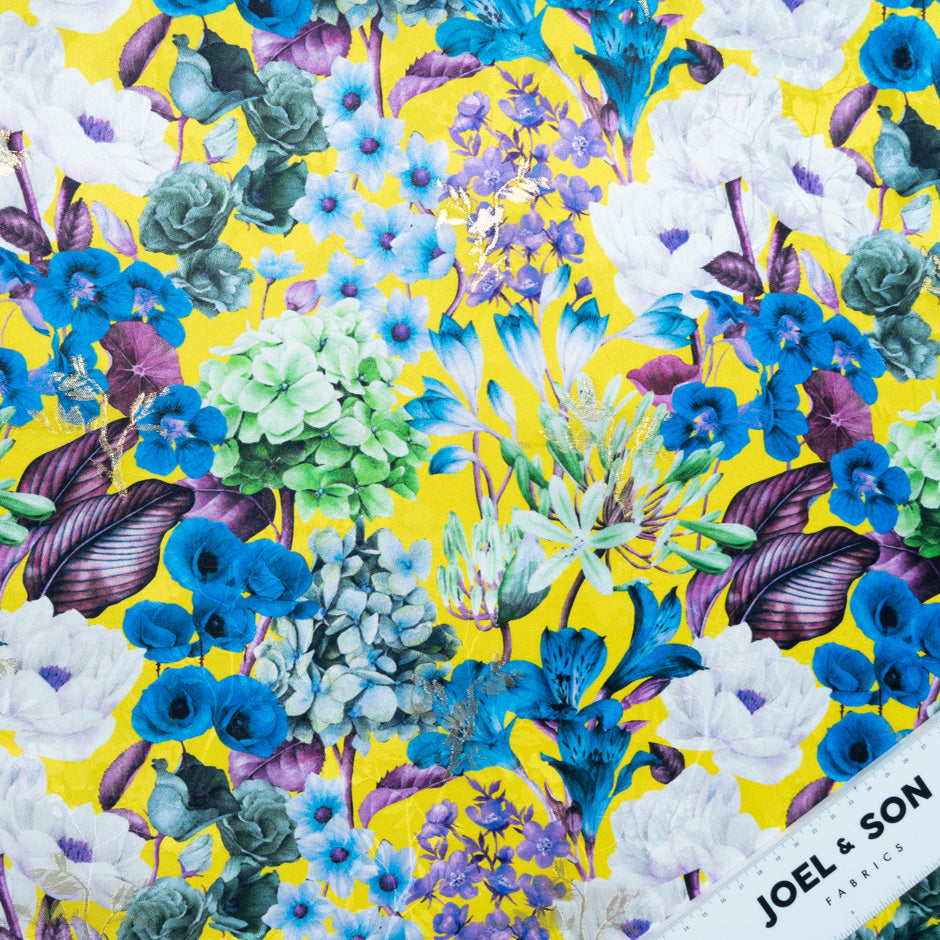 Multi Floral Printed Yellow Silk Jacquard