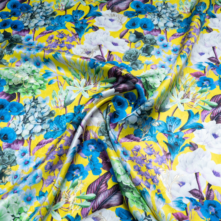 Multi Floral Printed Yellow Silk Jacquard