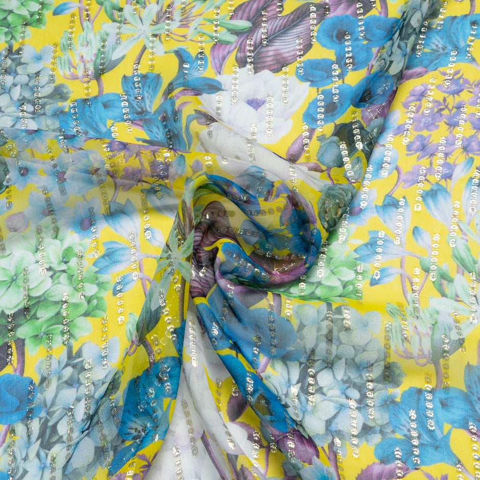 Multi Floral Printed Yellow Silk Georgette Jacquard