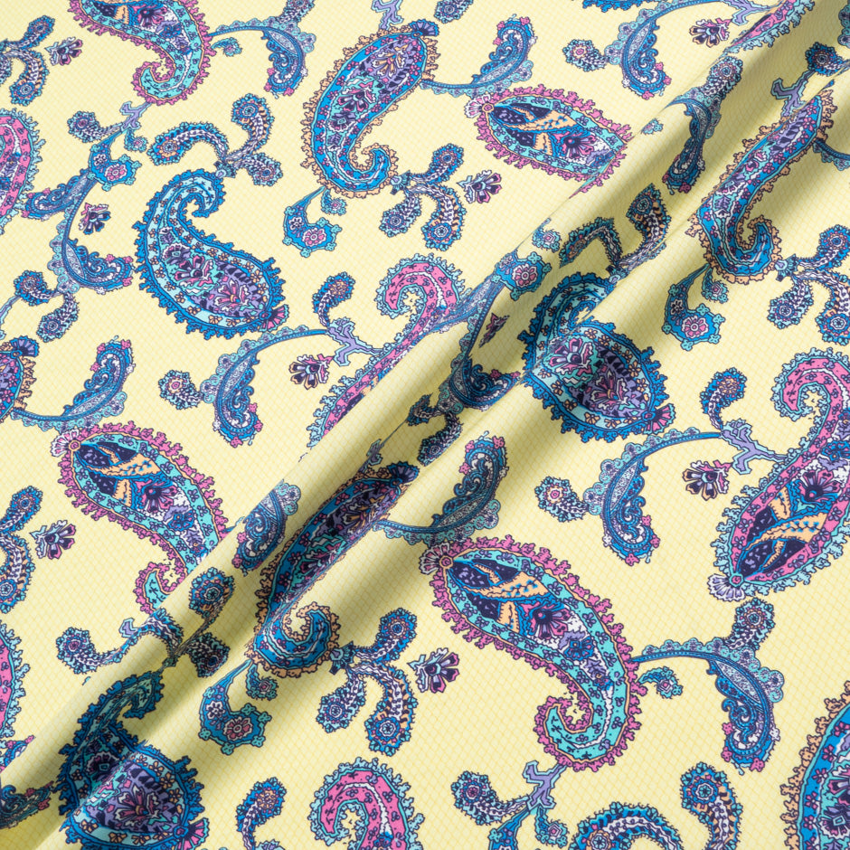 Blue & Pink Paisley Printed Yellow Cotton