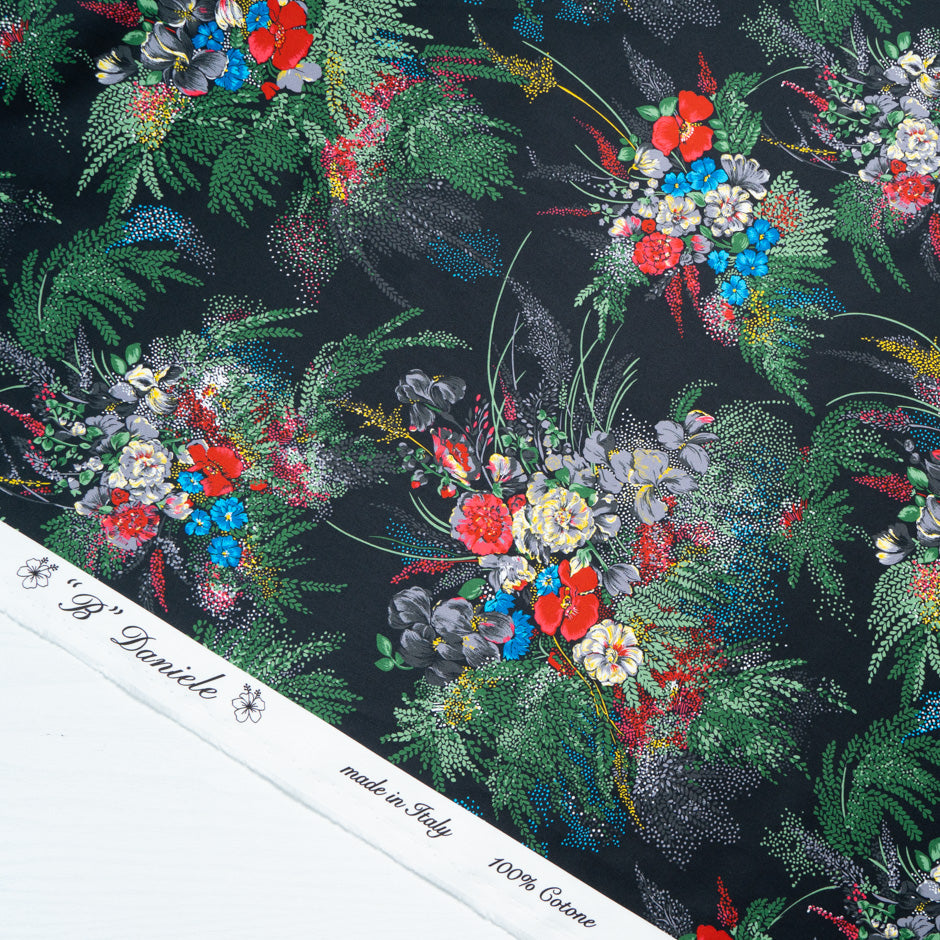 Multi-Coloured Floral Printed Black Luxury Cotton