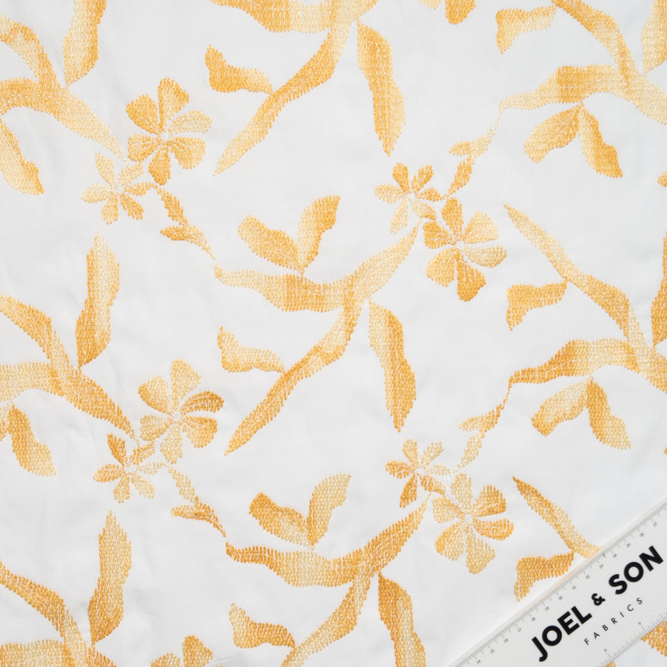 Yellow Floral Embroidered White Cotton