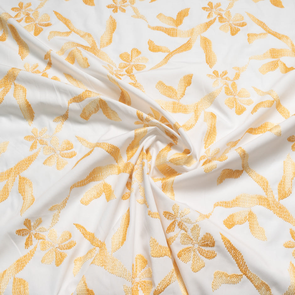 Yellow Floral Embroidered White Cotton