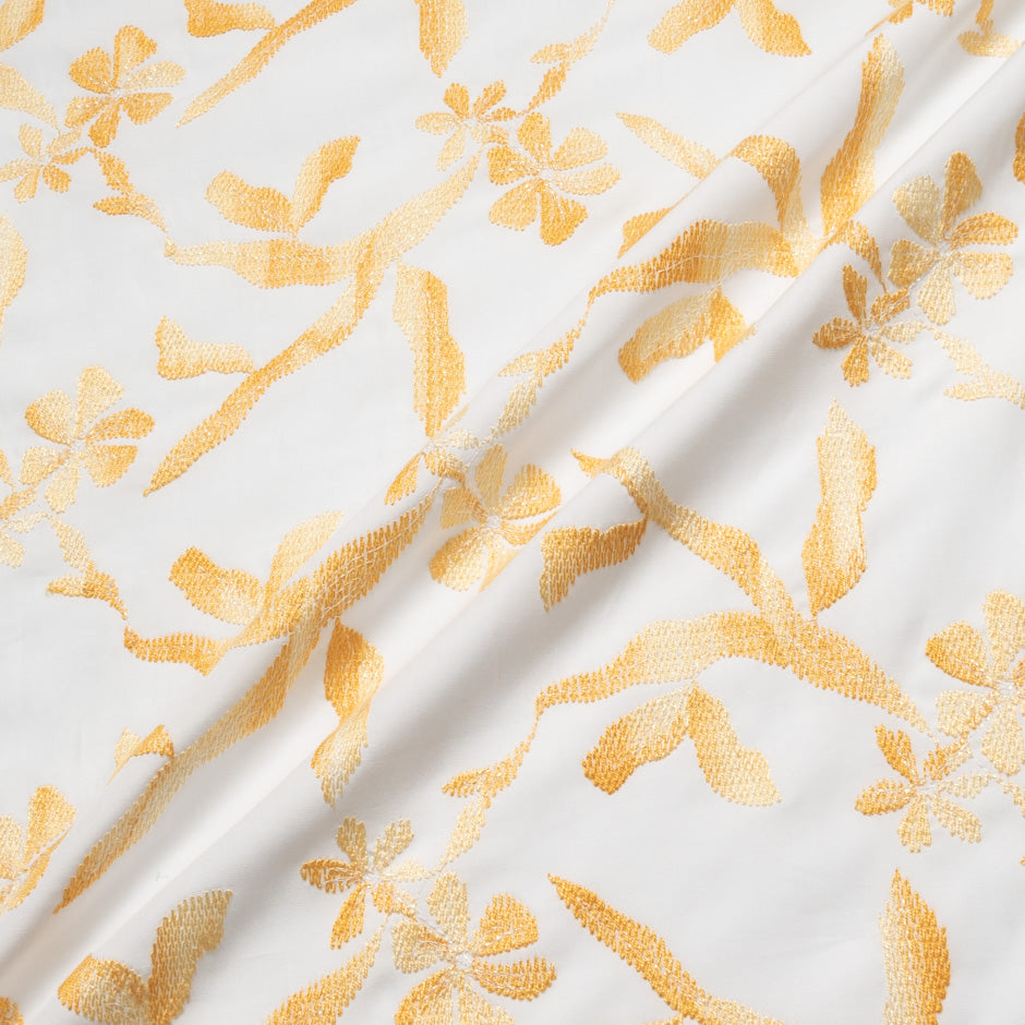 Yellow Floral Embroidered White Cotton