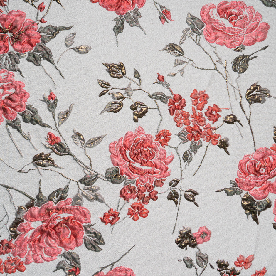 Pink Floral on Taupe Metallic Cloqué