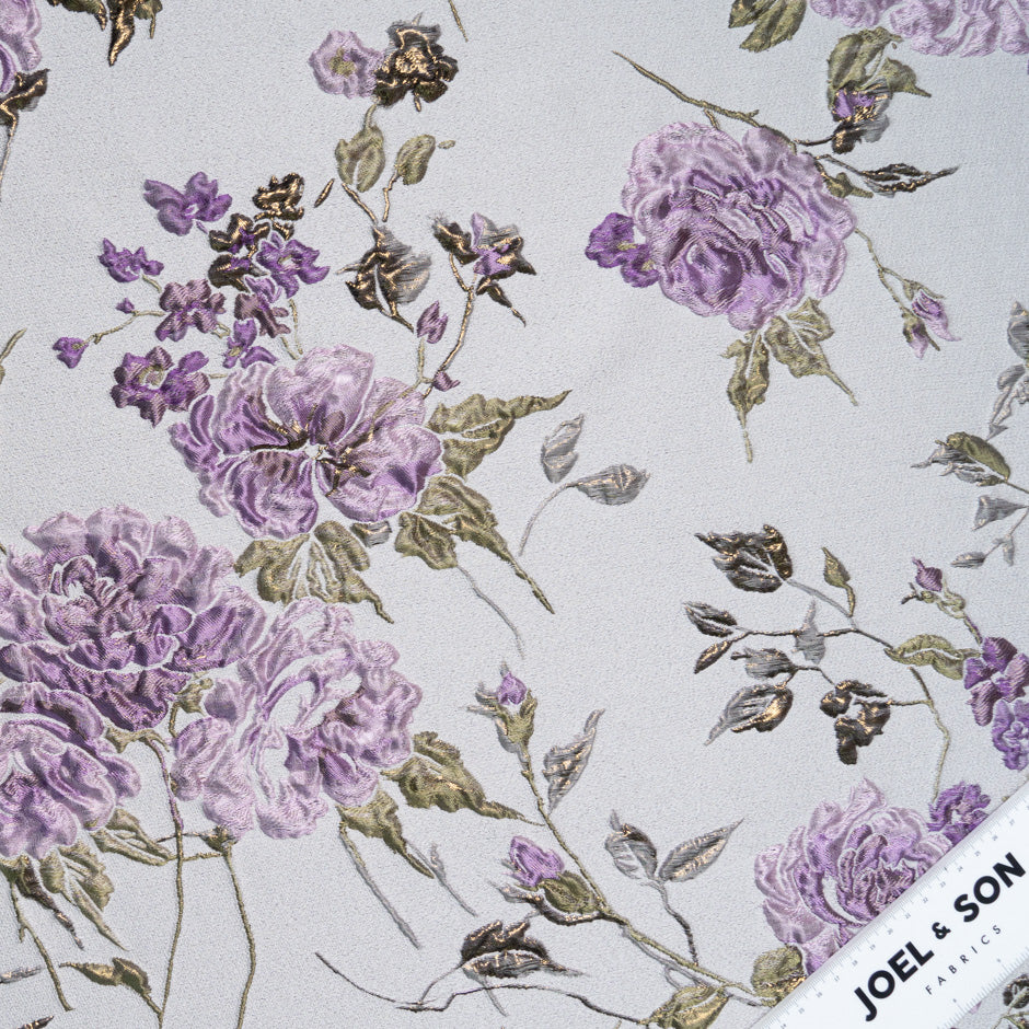 Purple Floral on Taupe Metallic Cloqué