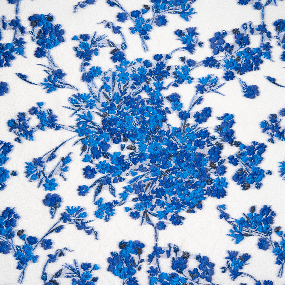 Royal Blue Floral Metallic White Cloqué