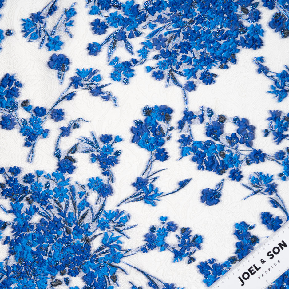 Royal Blue Floral Metallic White Cloqué
