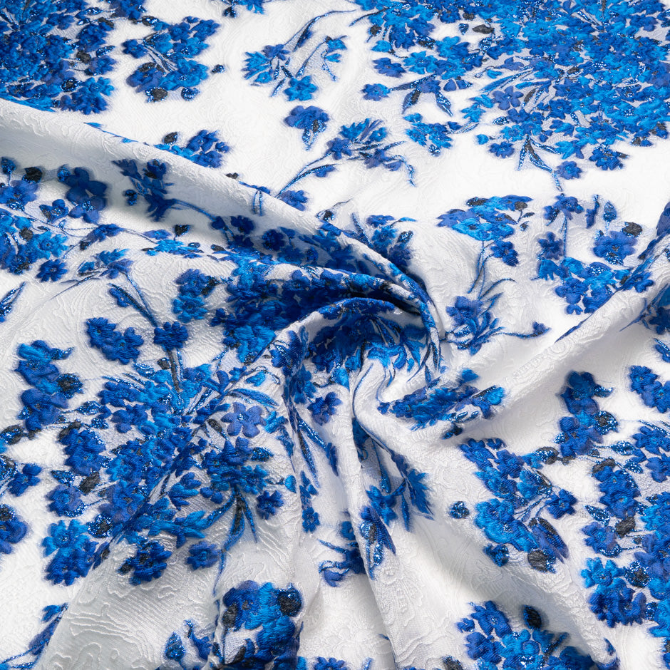 Royal Blue Floral Metallic White Cloqué