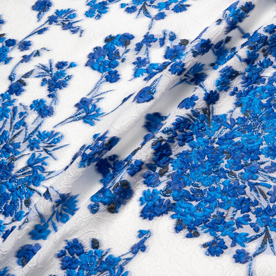 Royal Blue Floral Metallic White Cloqué
