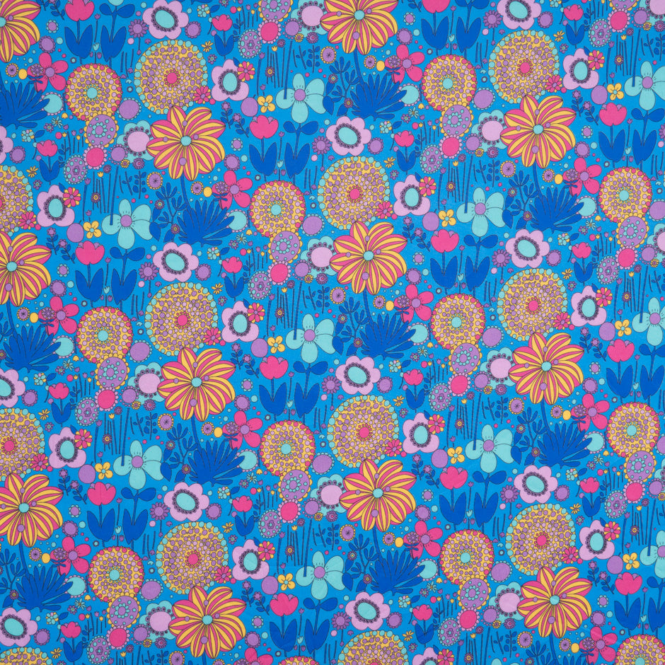 Retro Floral Printed Blue Pure Cotton