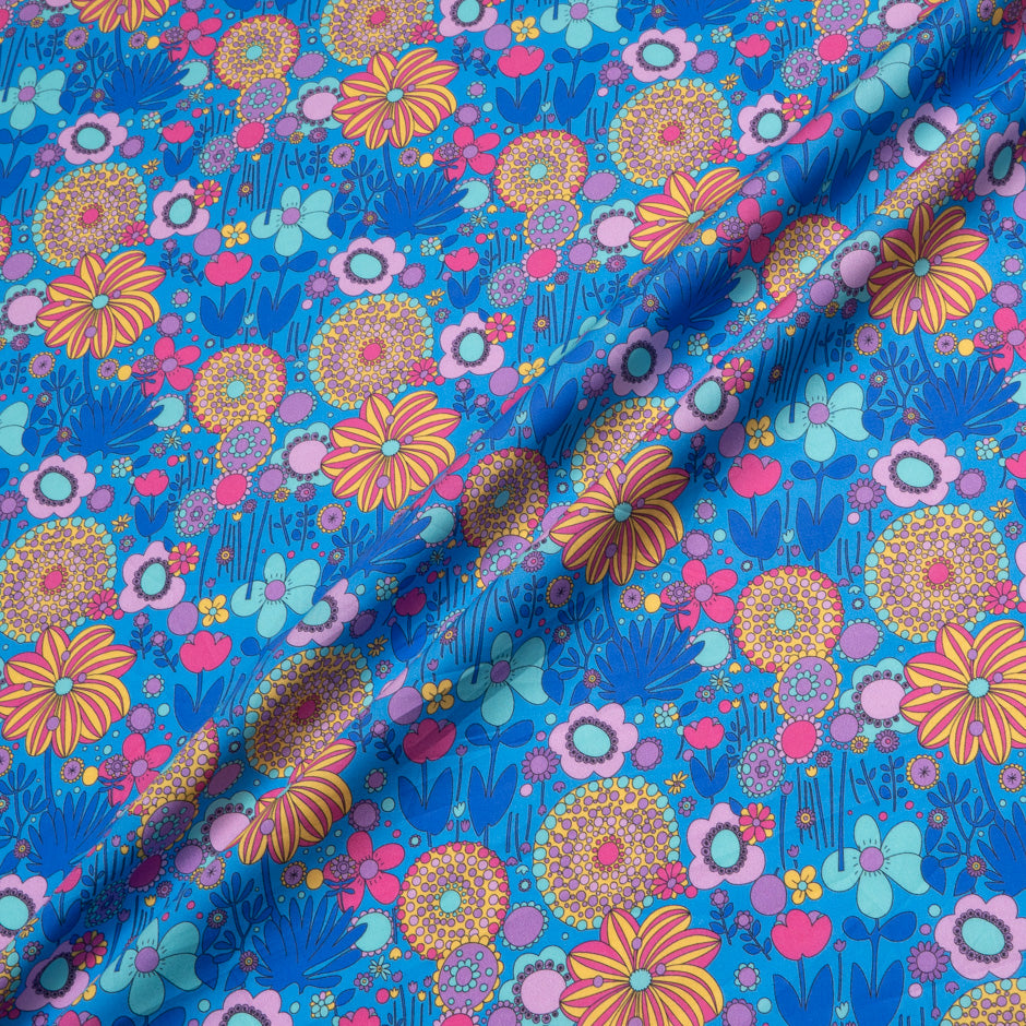 Retro Floral Printed Blue Pure Cotton