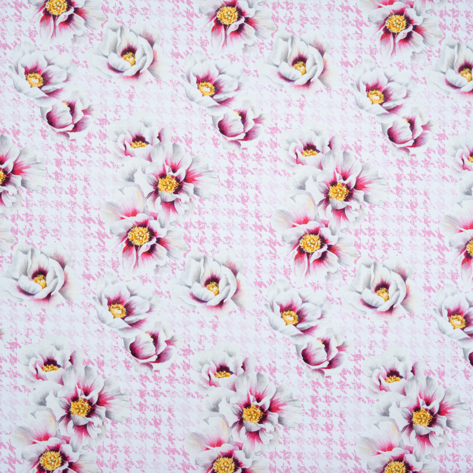 White & Pink Floral Printed Dogtooth Cotton