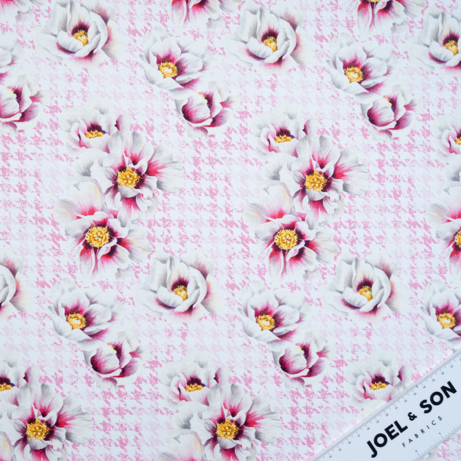 White & Pink Floral Printed Dogtooth Cotton